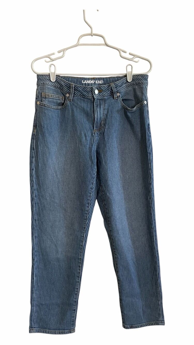 Lands End Size 8 Petite Cotton Straight Jean White Pin Stripe